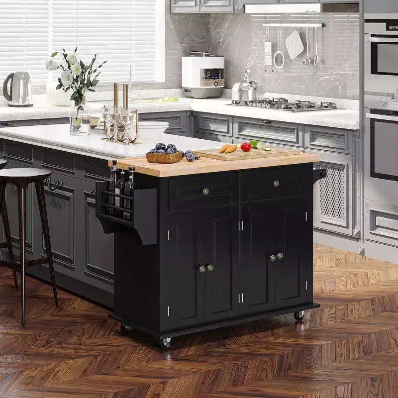 Okak Farmhouse Kitchen Island with Rubberwood Top, Kitchen Cart with Spice Rack, Towel Rack and Drawers, Countertop Organizer for Kitchen