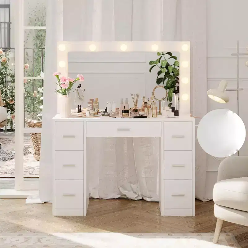 Makeup Vanity Desk with Mirror, 43W Large Dressing Table with 7 Drawers, Modern Makeup Vanity Table for Bedroom Small Space