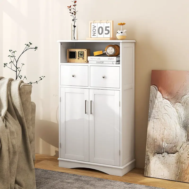 Freestanding Bathroom Floor Cabinet with 2 Drawers and Adjustable Shelf - White