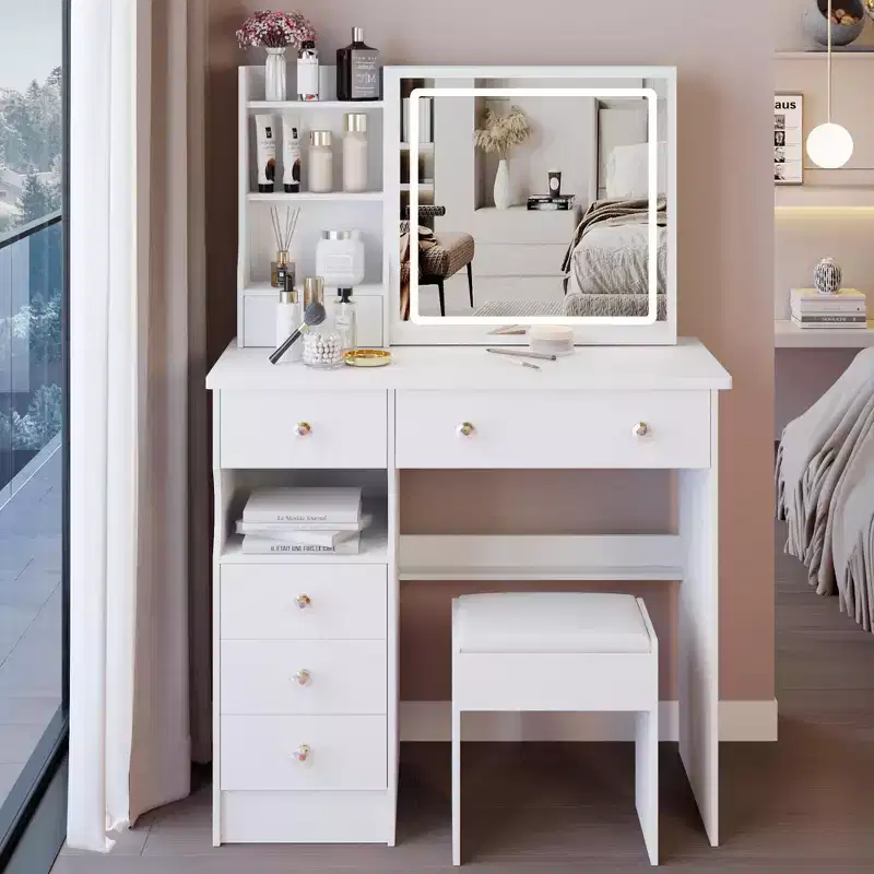 Vanity Table with Drawers, LED Mirror and Cushioned Stool - White