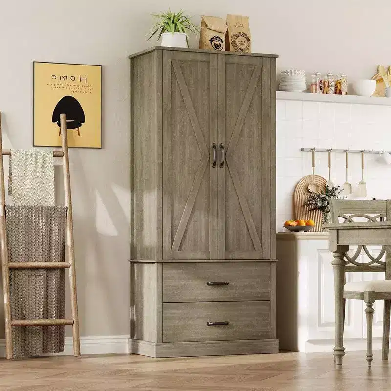 Coolmee Kitchen Pantry Storage Cabinet with Barn Doors, Drawer, and 2 Adjustable Shelves, Freestanding Tall Hutch with Microwave Stand