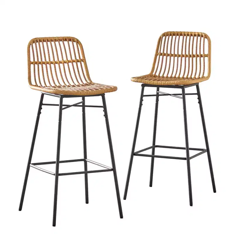 Lifestorey Set of 2 Greenville Faux Rattan 30" Bar Height Barstools Natural: Mid-century Modern, Rattan, Black Metal Base