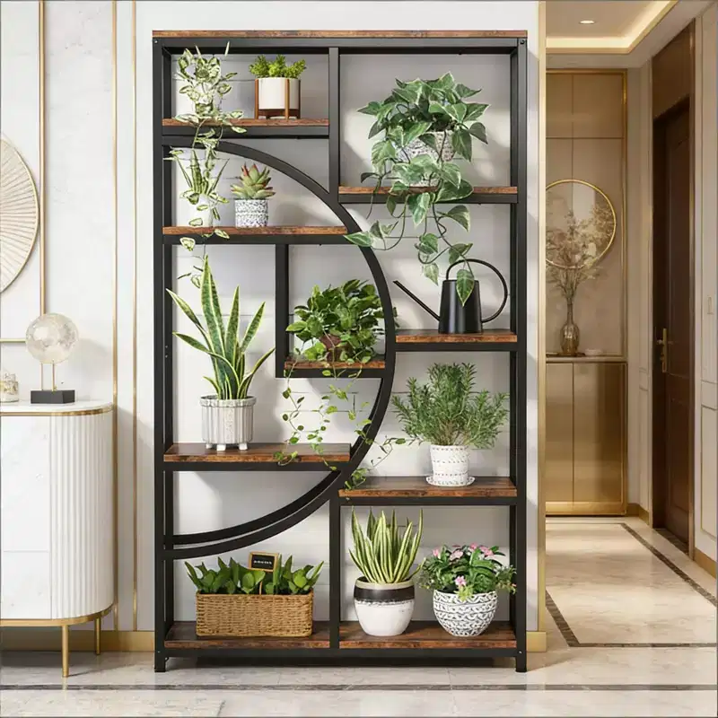 NAYSAYE Geometric Bookshelf Freestanding Metal Wood Display Shelf 9 Tier Industrial Storage Rack for Living Room Office, Black, 37.43*11.82*68.56