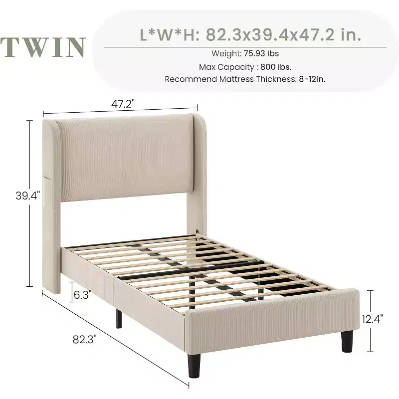 Twin Bed Frame with Adjustable Headboard, Velvet Upholstered Platform Bed with 12 Wood Slats Support, Sturdy Support Feet, Beige
