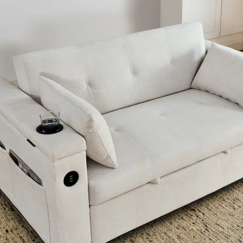 2-Seat Sleeper Sofa Bed with USB Power Outlet, Side Pockets and Lumbar Pillow