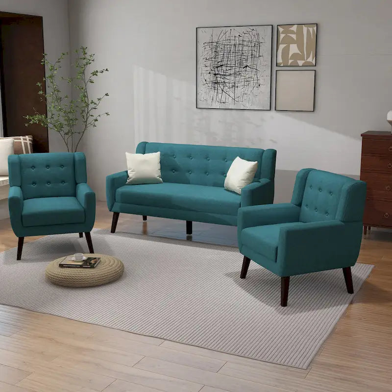 Tufted Linen/Cotton Loveseat with 2 Accent Chairs
