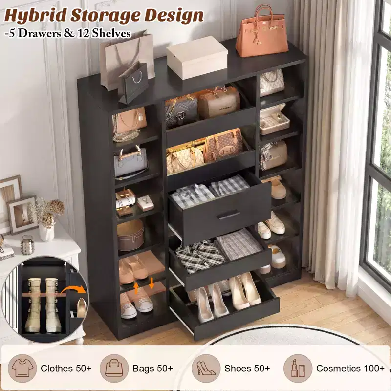 Besiost Wooden Shoes Cabinet with Led Lights, Freestanding Closet Organizer with Drawer and Shelves