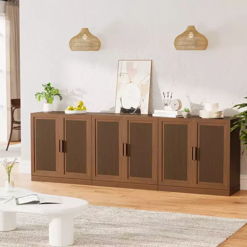 3-Set Rattan Door Sideboard Buffet Storage Cabinets with Adjustable Shelves - 93Lx31H