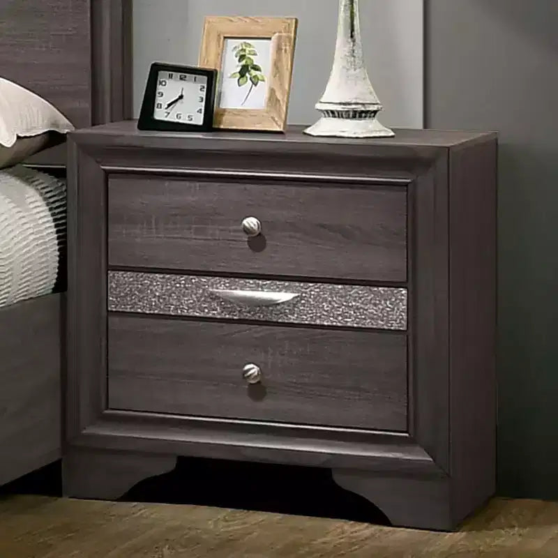 Contemporary Nightstand with Hidden Jewelry Drawer - Gray, Silver Accents