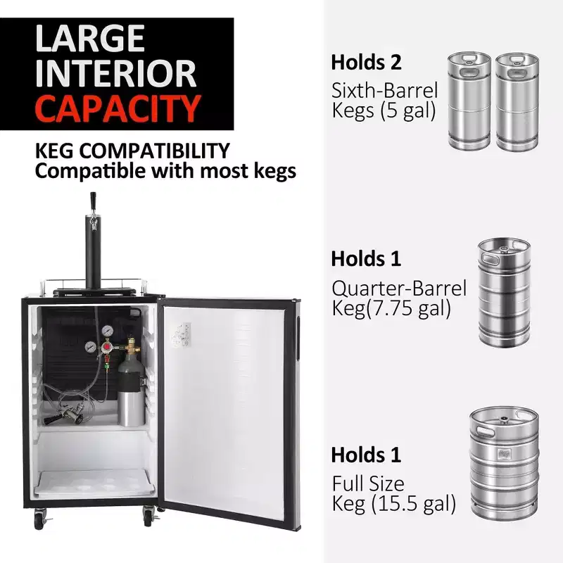 Taste the Perfect Beer with Beer Kegerator: Single Tap Draft Beer Dispenser, Stainless Steel, Drip Tray, CO Tank, Lockable Wheels