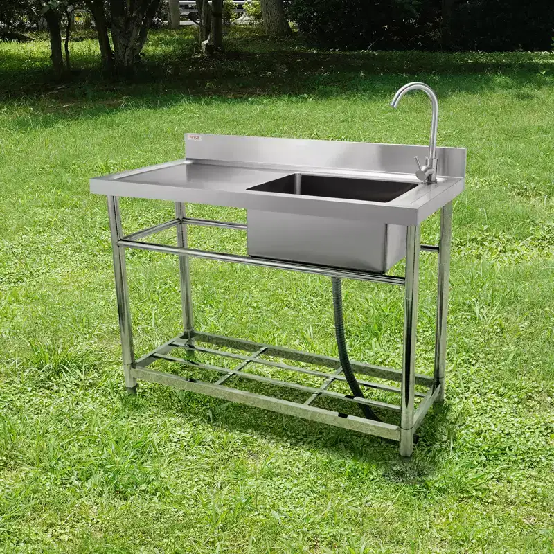 VEVOR Stainless Steel Utility Sink, Free Standing Single Bowl Commercial Kitchen Sink Set w/Workbench, for Garage, Restaurant, Laundry