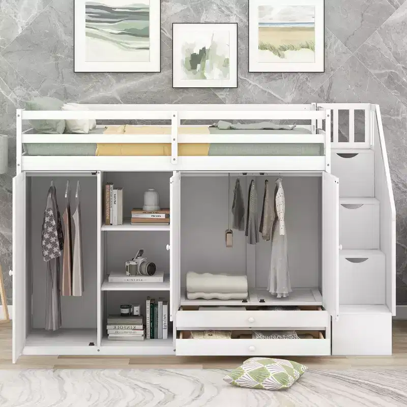 Loft Bed with 3 Shelves, 2 Wardrobes and 2 Drawers, Ladder with Storage