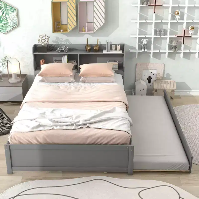 MATEERTY Full Bed with Trundle, Bookcase, Gray