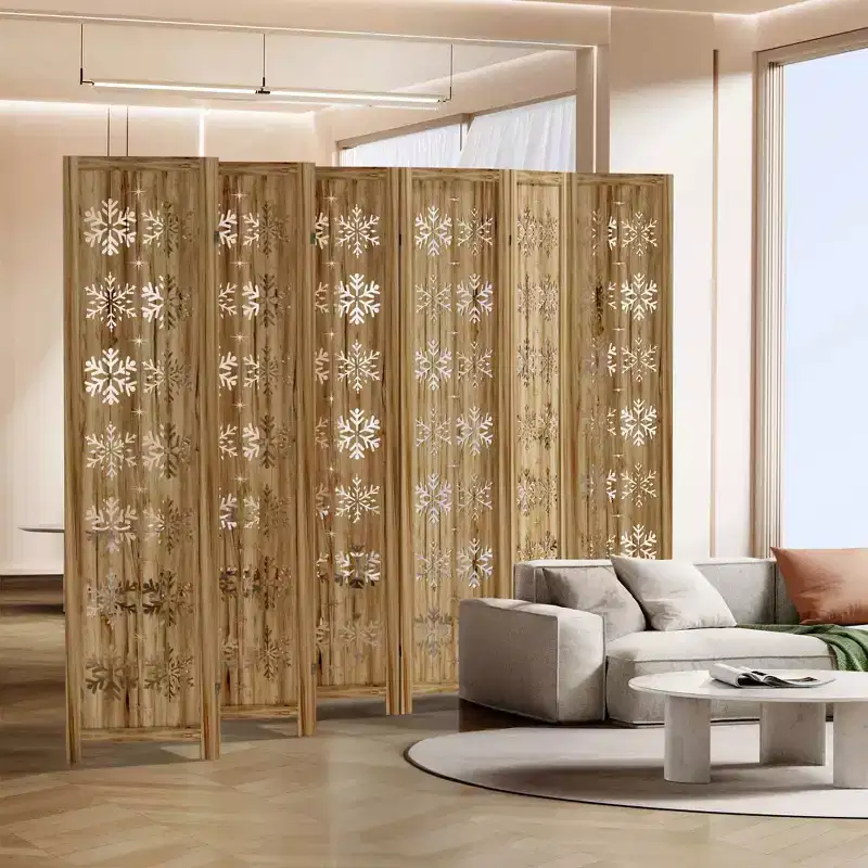 Room Divider Folding Screen with Snowflake Pattern for Home Office Garden Bedroom, Paulownia Wood