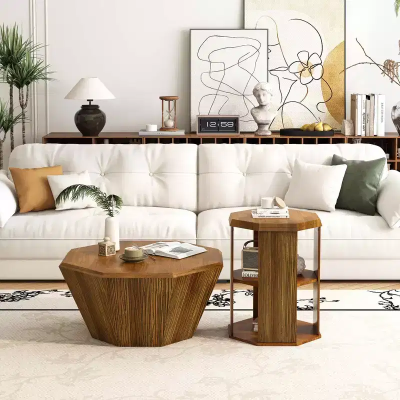 MAYEERTY 31.5 Octagonal Natural Rubber Wood Set of Two Coffee Table for Living Room Bedroom Beige