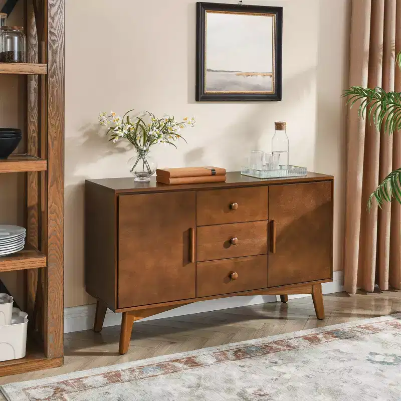Okak 47in Sideboard Buffet with 2 Doors and 3 Drawers, Accent Console Table Cabinet, Storage Cabinet for Kitchen, Dining, Living Room, Walnut