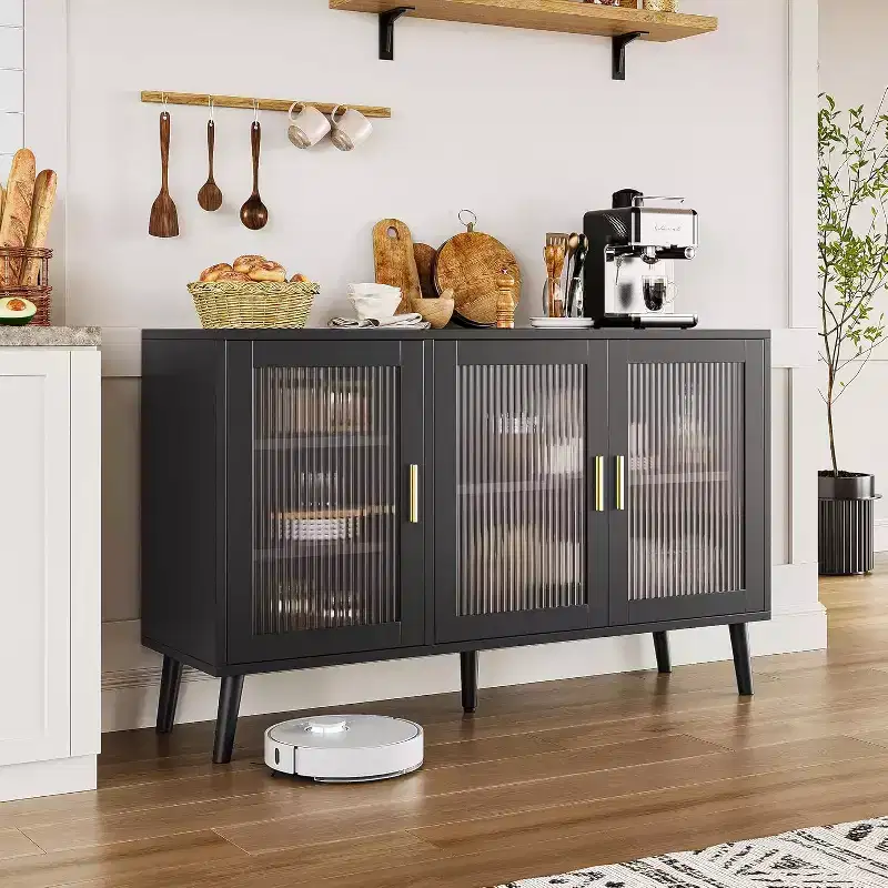 48 Large TV Console Storage Cabinet, Modern Stand with 3 Fluted Glass Doors, 5 Adjustable Shelves, Black for Living Room