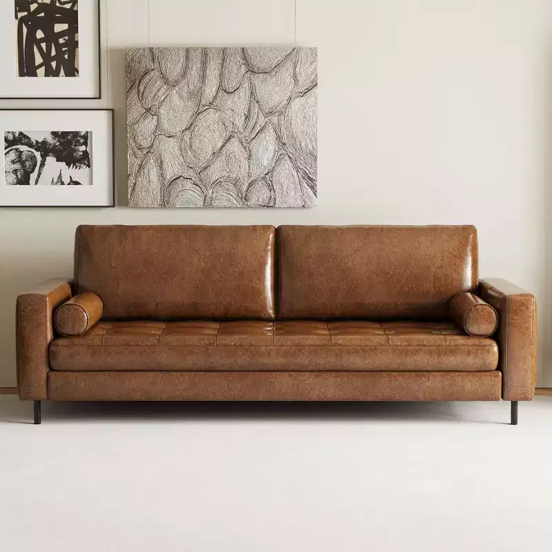 Luck Live Mid-Century Modern 80.31 Vintage High-End Oil-Waxed Leather Sofa with Solid Frame for Living Room