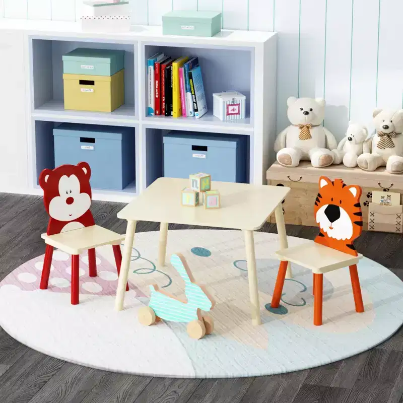 Etokfoks Kids Table and 2 Chairs Set White Orange Solid Wood MDF 23.6x23.6x17.3 in Table 13.4x13.4x20.1 in Chairs 3 Piece