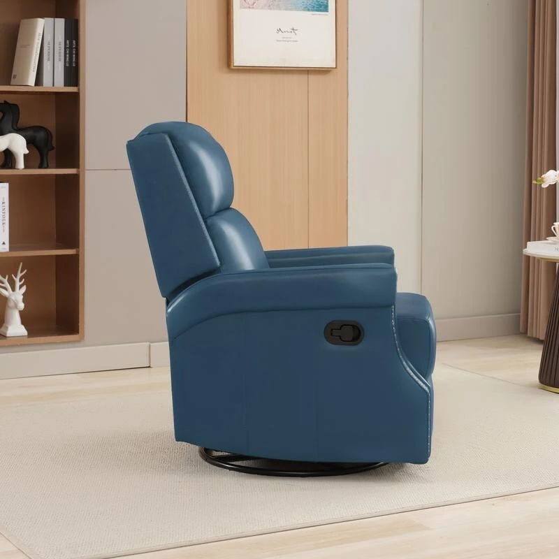 Genuine Leather Manual Rocking Recliner with 360-degree Metal Swivel Base