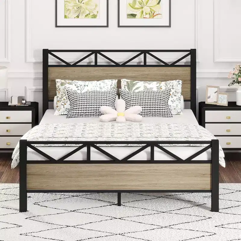 Zevemomo Full Size Heavy Duty Metal Brown Bed Frame with Headboard Footboard, Under Bed Storage, 440LBS Weight Capacity
