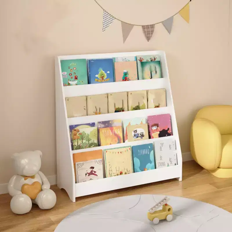4 Tier Bookshelf and Storage Organizer, Five Layer Sling Bookcase, Wooden Book Shelf, Display Cabinet for Playroom,Classroom, School