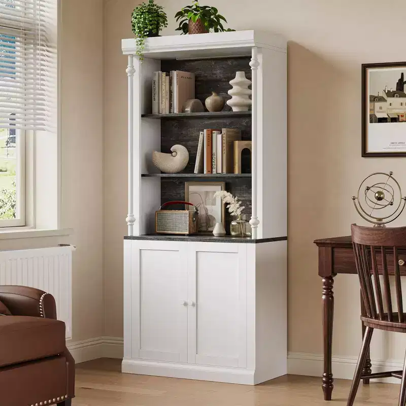 Tall Storage Bookcase with 3-Tier Open Shelves and Double Door, Roman Column Design, Wood Grain Display Storage Cabinet for Home Office, Living Room