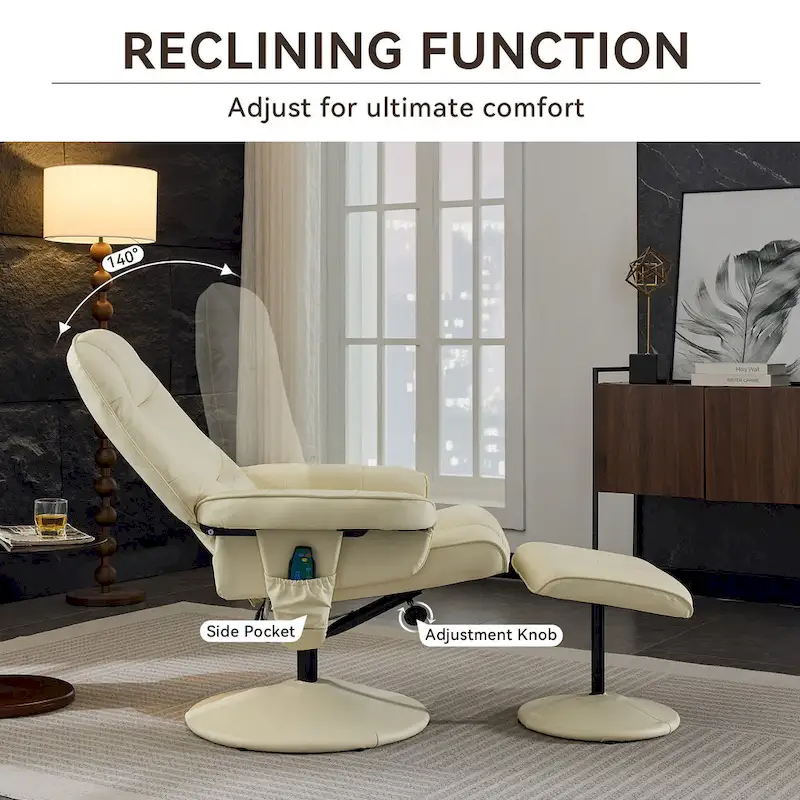 PU Leather 360 Swivel Massage Recliner Chair with Ottoman, Massage and Heated Seat, 140 Adjustable Backrest