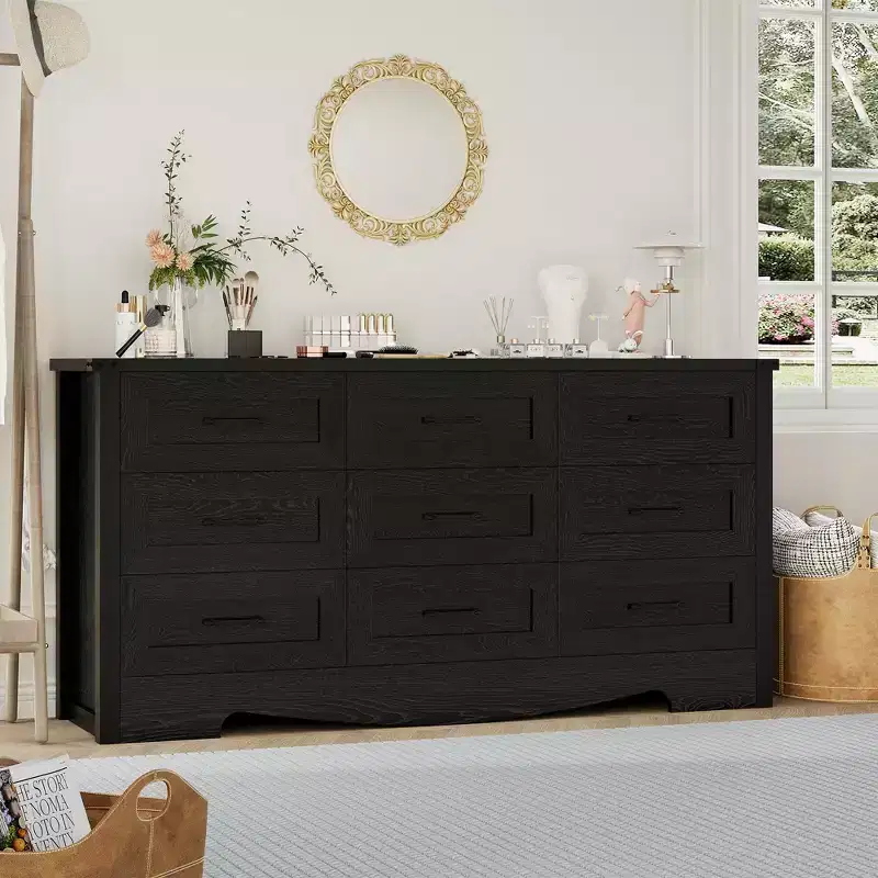 59 9-Drawer Dresser, Farmhouse Chest of Drawers, Mid-Century Storage Cabinet with Anti-Tip Safety for Bedroom Living Room