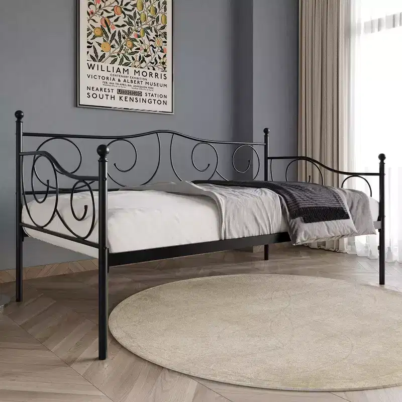 Metal Daybed with Finial Detailing, 12-Slat Wood Support, Powder Coat Finish, 300 lb Capacity, Black/White/Brown