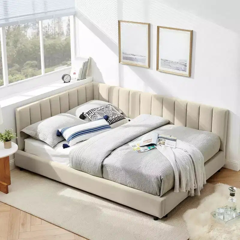 MAYEERTY Full Size Upholstered Tufted Bed Frame with Backrest and Armrests for Bedroom Beige