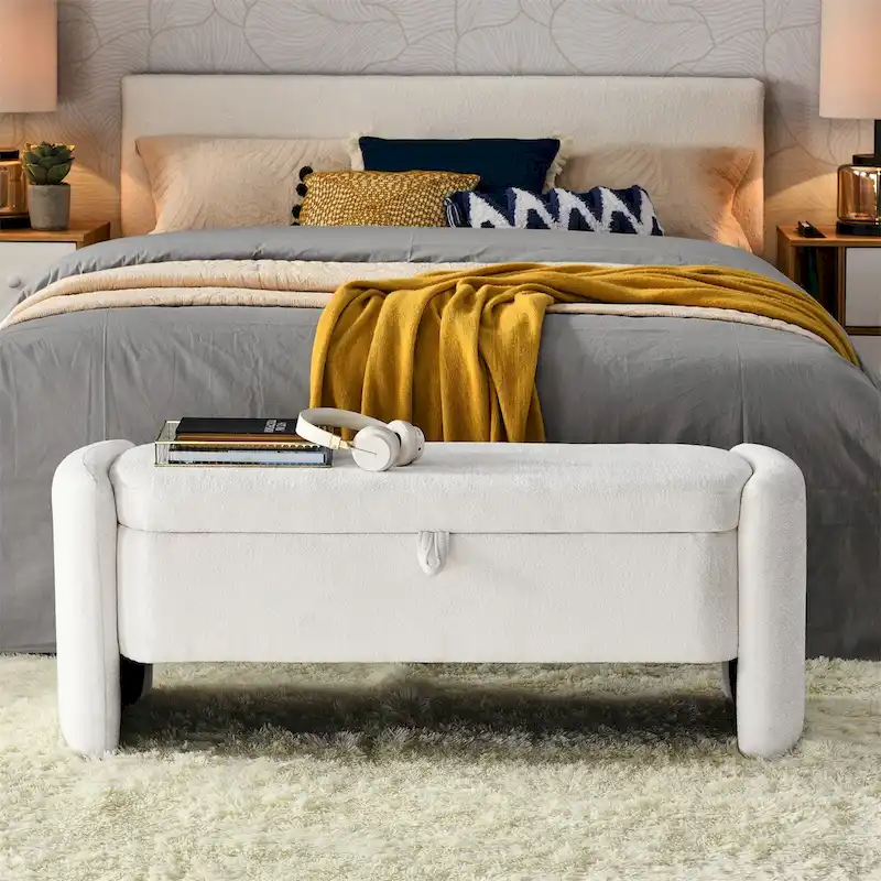 Oval Ottoman Storage Bench Chenille Fabric Bench w/Large Storage Space