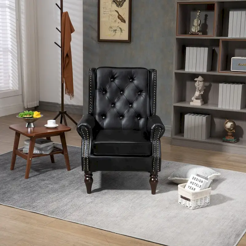 Upholstered PU Leather Accent Chair,Mid Century Button Tufted High Back Arm Chair with Armrest and Solid Wood Legs