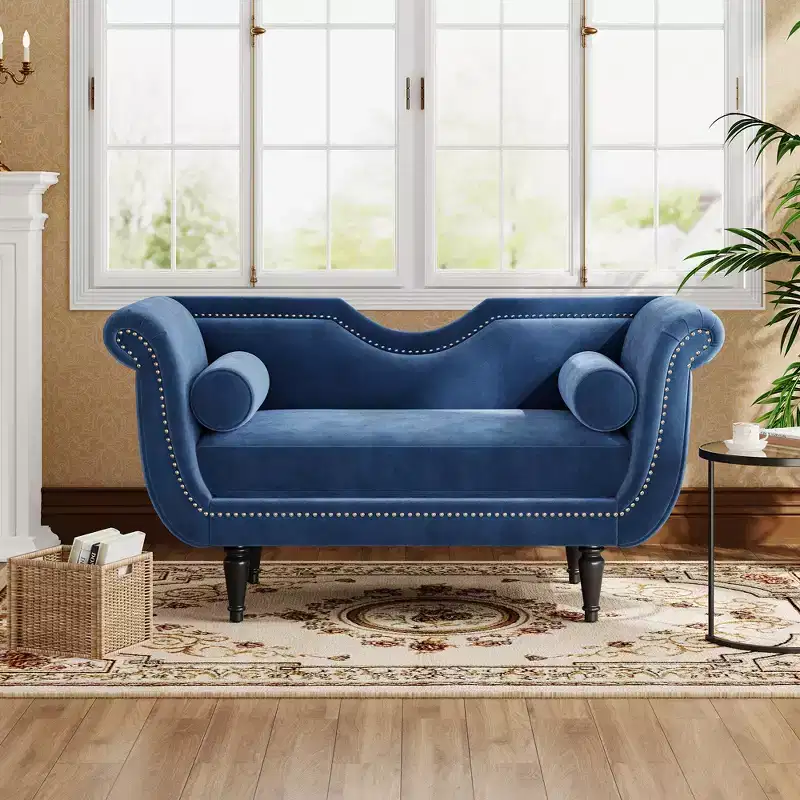 Christopher Knight Home Baird Velvet Bench with Nailhead Trim and Curved Arms, 2 Pillows and Wood Legs
