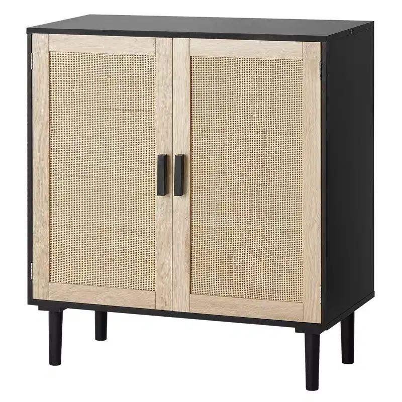 VEVOR Rattan Cabinet, Rattan Storage Cabinet with 2 Magnetic Doors and Adjustable Shelves, Sideboard Buffet Cabinet for Hallway, Black