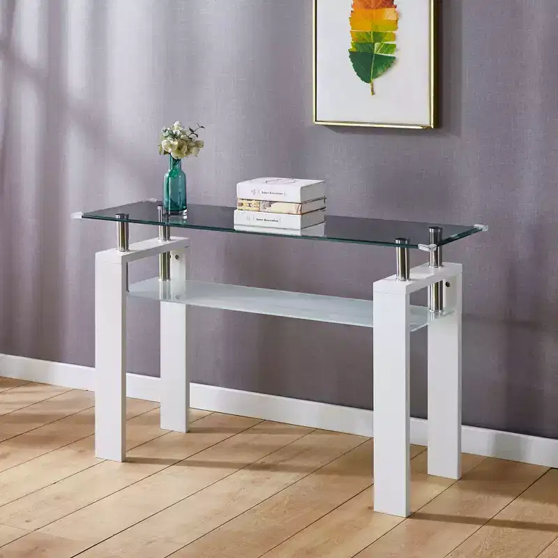 Okak Modern Console Table with Tempered Glass Top, Entryway Table with Storage Shelf, Accent Table for Living Room, Hallway, Foyer, White