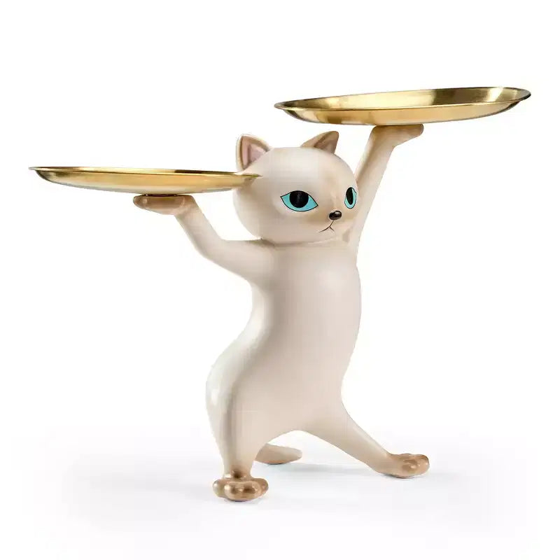 Enchanting Cat Side Table with Dual Tempered Glass Trays - Gold & Beige