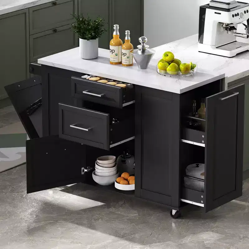 Modrn Kitchen Island with Drop Leaf & Pull Out Trash,Rolling Kitchen Cart with Wheels & Drawers,Storage Cabinet Folding Dining Table