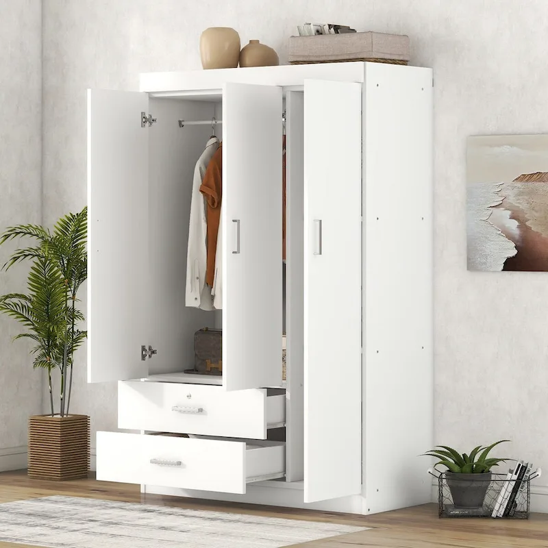 3-Door Wood Wardrobe with Drawers - N/A
