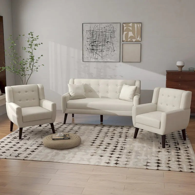 Tufted Linen/Cotton Loveseat with 2 Accent Chairs