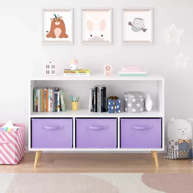 MAYEERTY Kid Bookshelf with Collapsible Fabric Drawers Toy Storage Cabinet Orangizer White and Purple