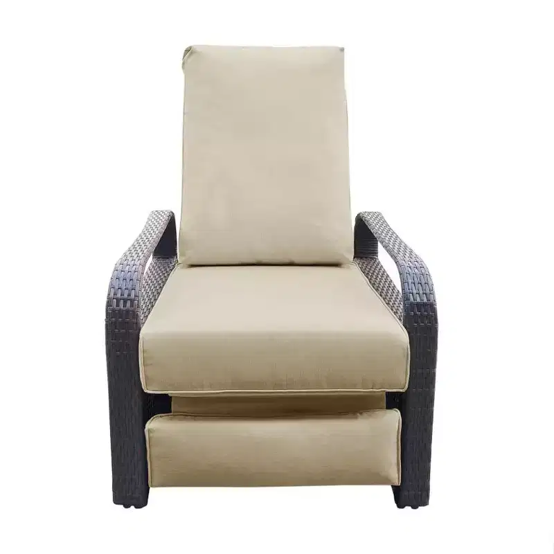 Outdoor Garden Lounger Chair, Automatic Adjustable Wicker Recliner with Thick Red Cushion, All-Weather Aluminum Frame, Brown Wicker