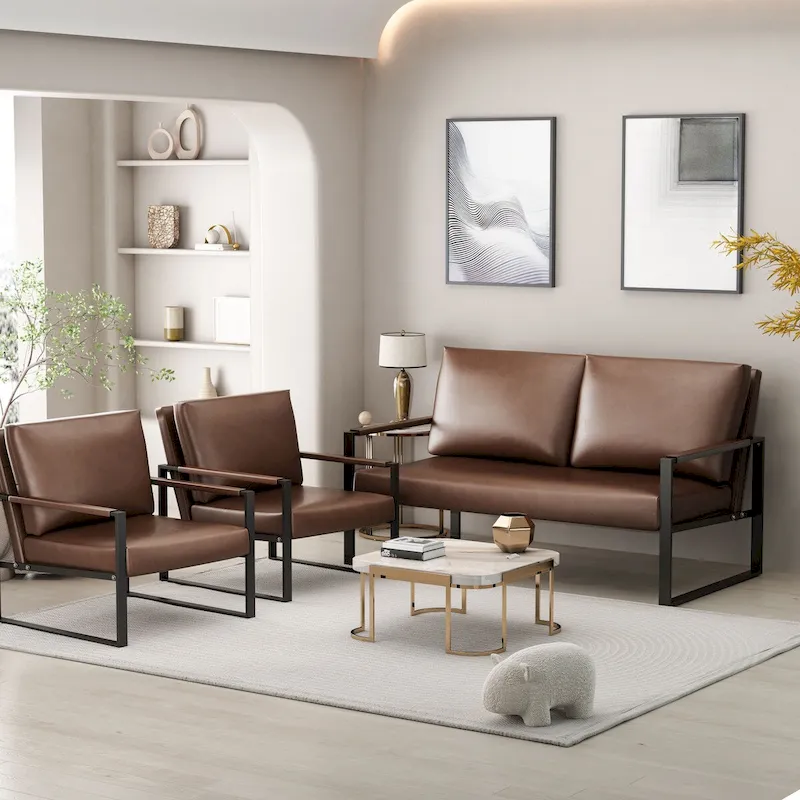 Mieres Mid-Century Style 3-Piece PU Leather Living Room Sofa Set Including 2 Armchairs and 1 Loveseat Sofa