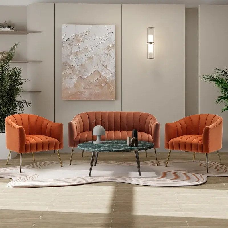 SEYNAR Modern Velvet Upholstered 3 Piece Living Room Set with Golden Legs