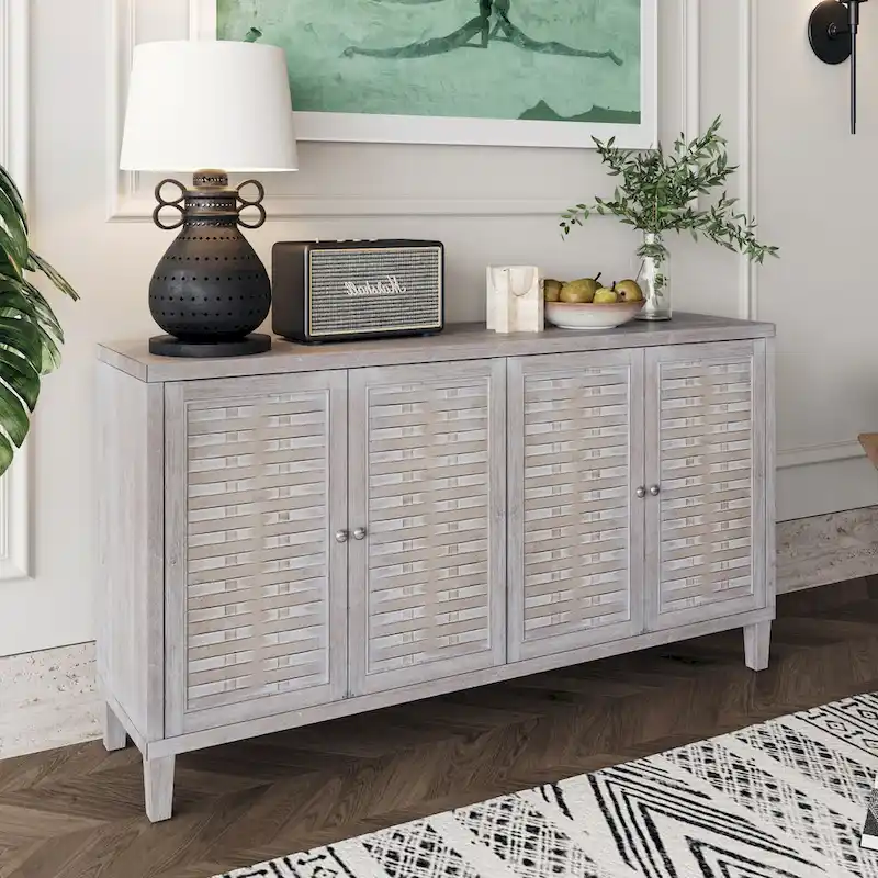 60-in Farmhouse Natural Wood Wash 4 Door Wooden Sideboard Buffet Server Accent Storage Cabinet