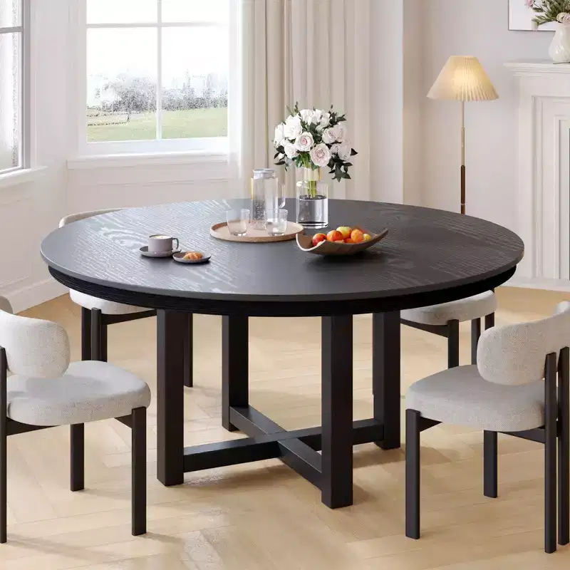 PexFix 52 x 52 Solid Wood Farmhouse Dining Table Round Wood Texture Top with Cross X Base for Modern Dining Rooms & Family Gatherings Black