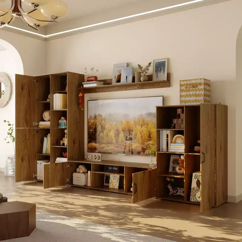 Famapy Large Oak Media TV Stand Wall Cabinet System for Living Room with Bookshelves and TV Storage Entertainment Center
