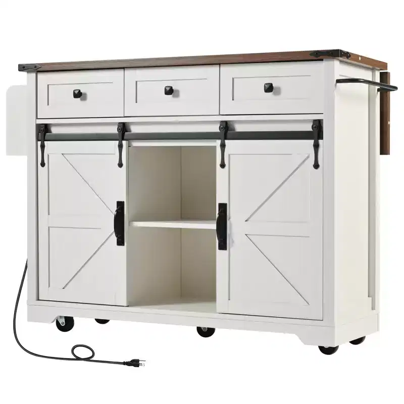 Homy Casa Kitchen Island Cart with Drop Leaf and Storage, Sliding Barn Doors and Rolling Casters