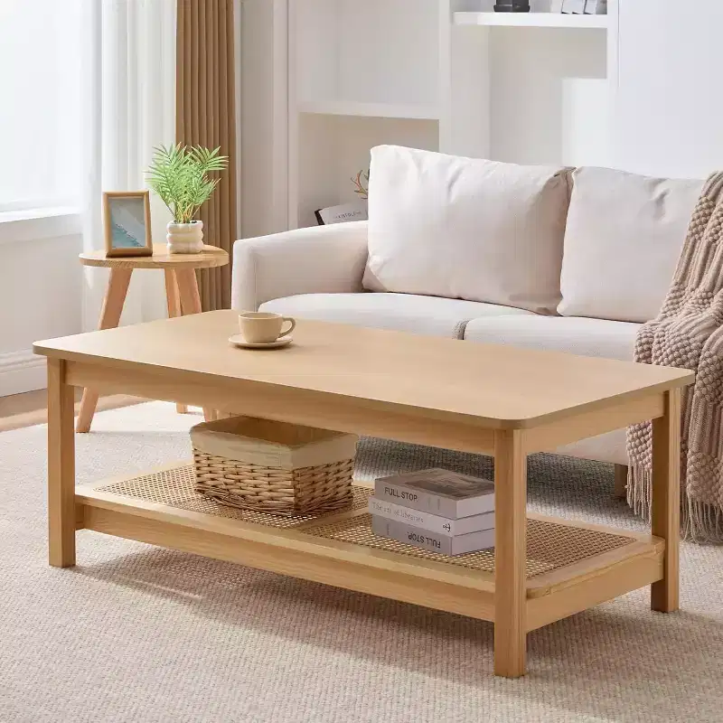 Bekrvio 47.2'' Boho Mid Century Modern Coffee Table, 2-Tier Rustic Rectangle Wood Center Table with Wood Legs & Rattan Shelf, for Living Room