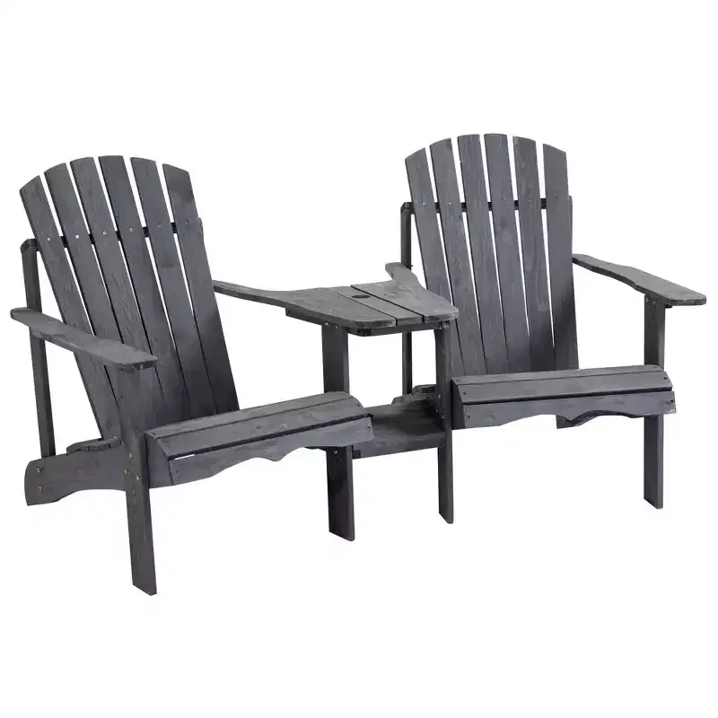 Outsunny Set of 3 Wooden Adirondack Chairs, Outdoor Double Seat with Center Table and Umbrella Hole for Patio, Backyard, Deck, Fire Pit